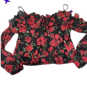 Disney Coco Retro Floral Off-Shoulder Top - Red and Black Roses Small